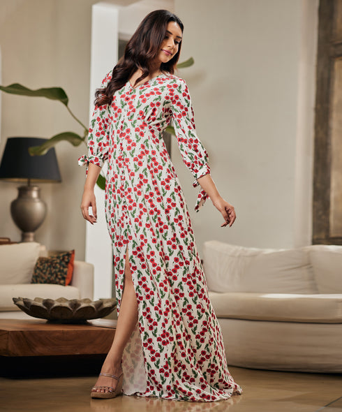 Vneck Front Buttoned Printed Maxi Dress